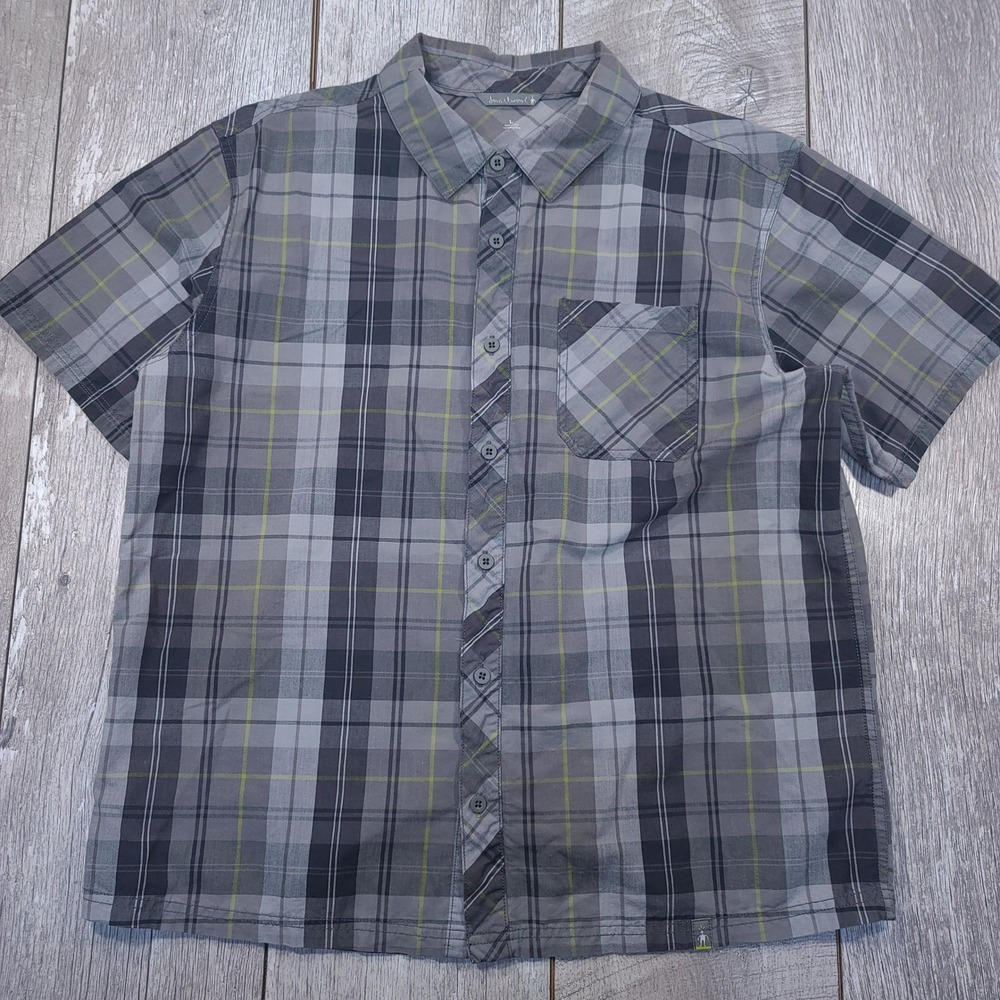 Smartwool Button Up Shirt Mens Large Gray Plaid Merino Wool Cotton Short Sleeve